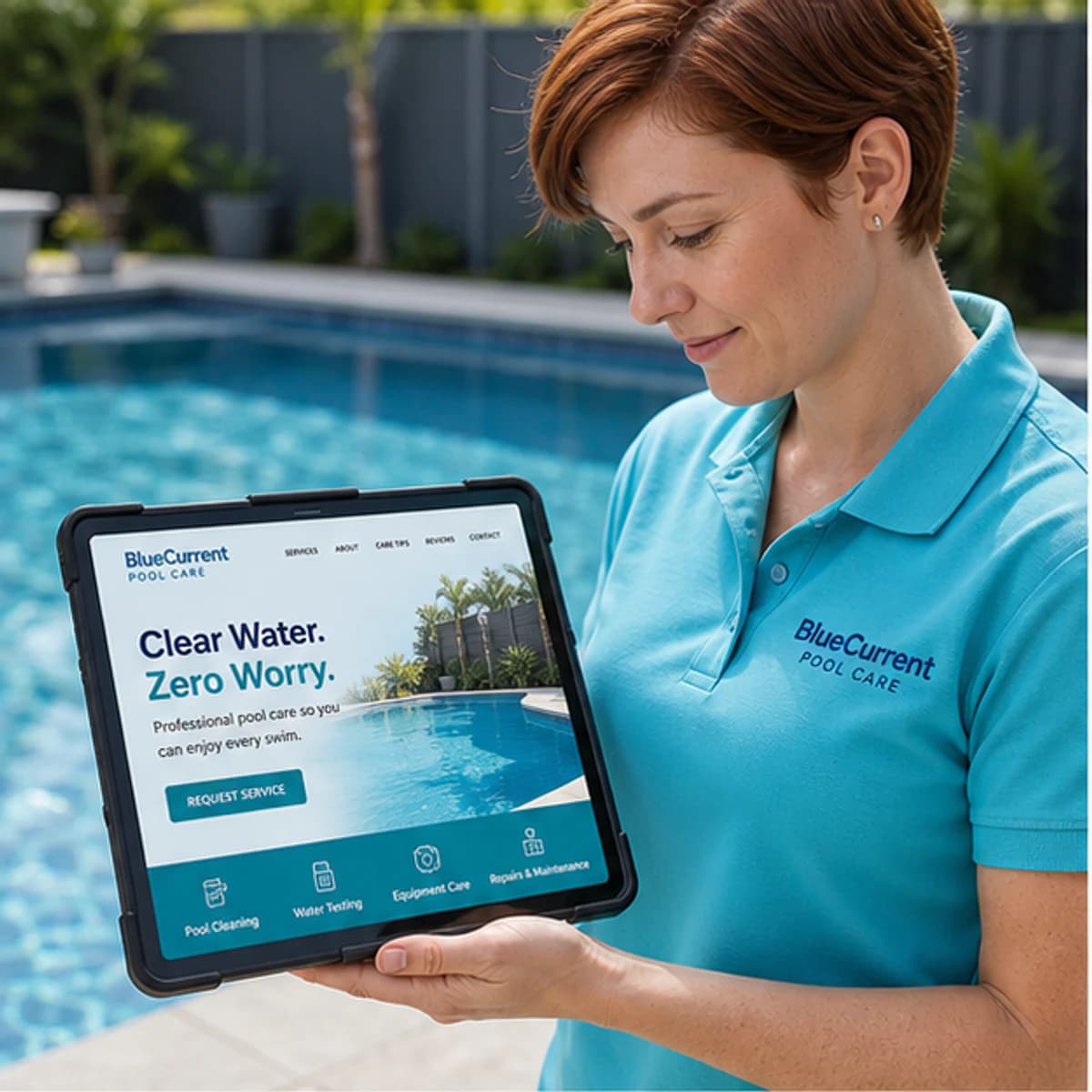 Pool technician reviewing the BlueCurrent website beside a clean pool