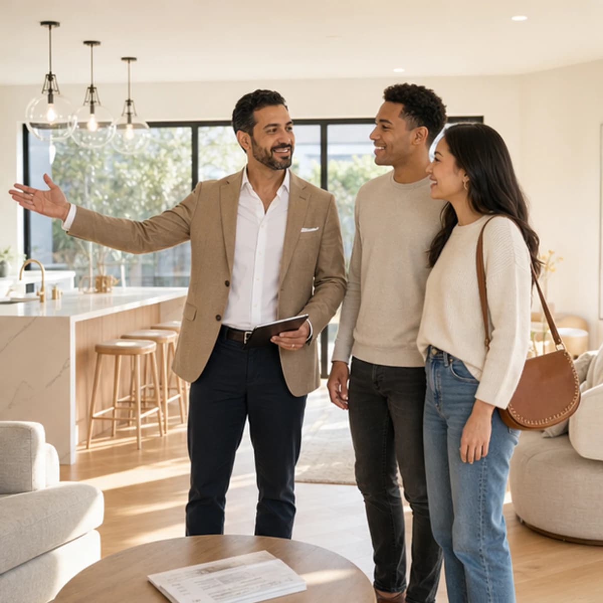 Real estate agent showing a bright home to prospective buyers