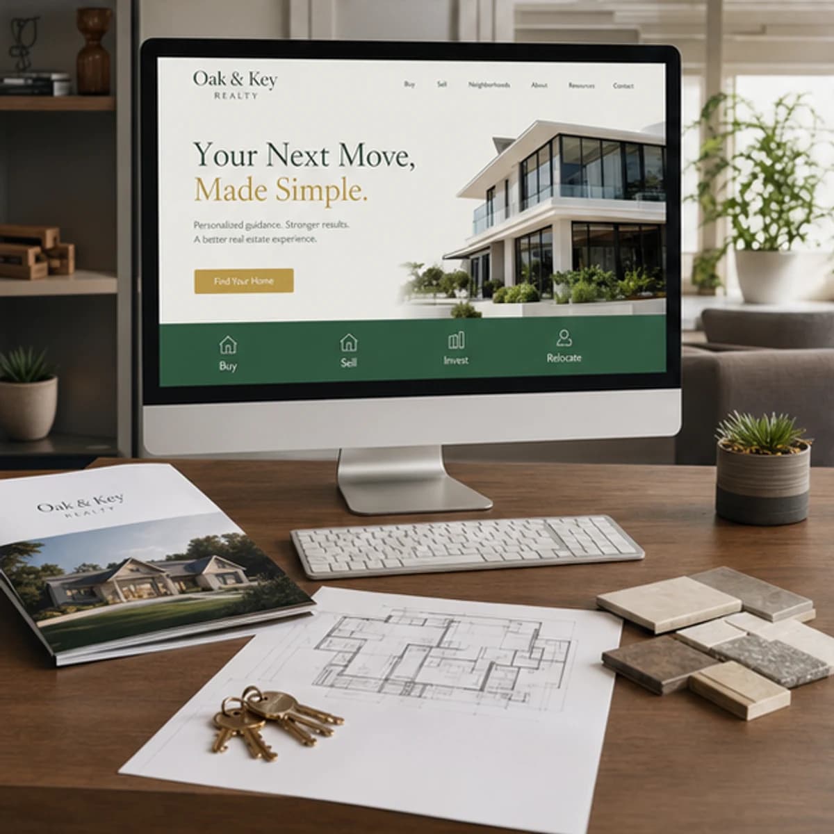 Oak and Key Realty website displayed on a desktop monitor