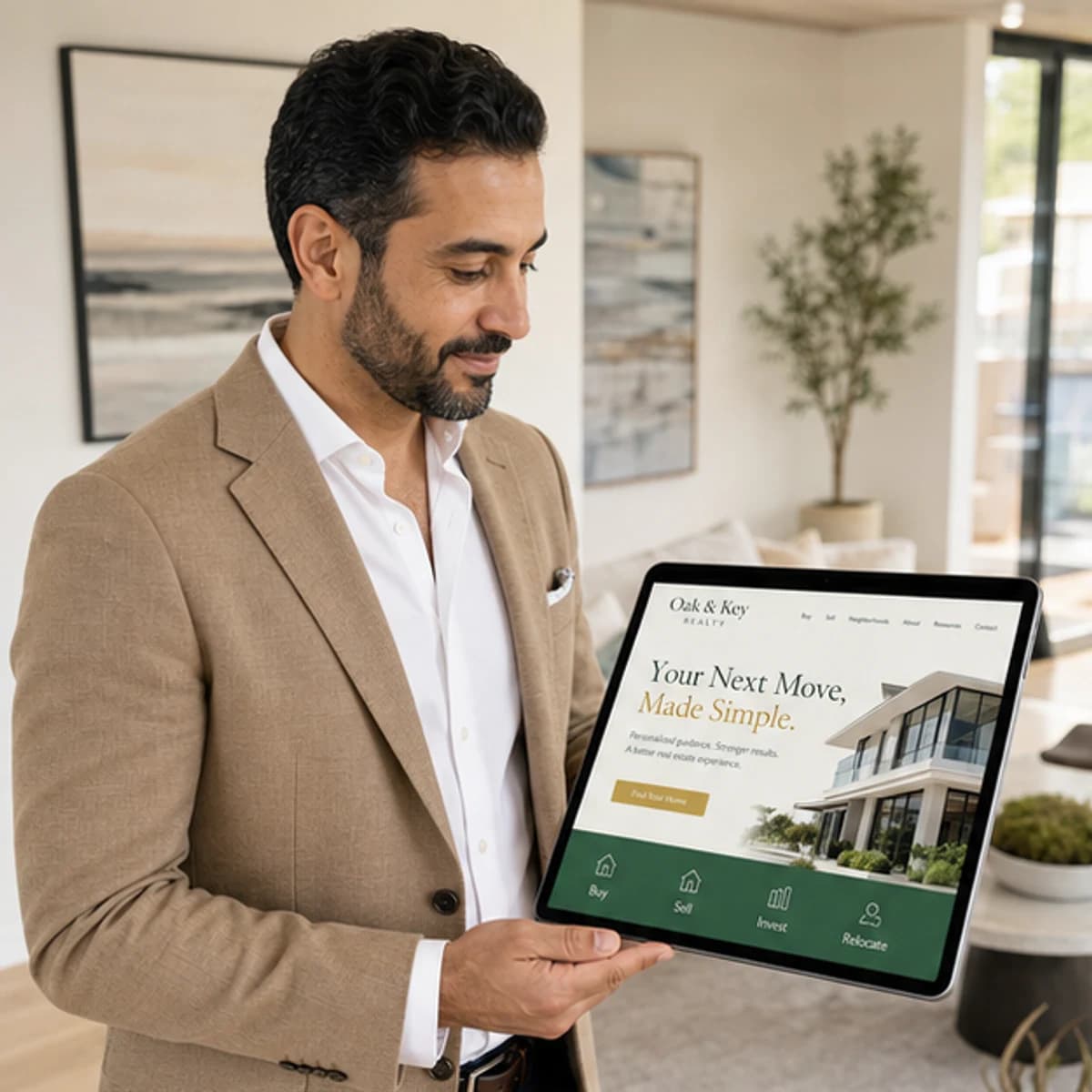 Real estate agent reviewing the Oak and Key website inside a modern home