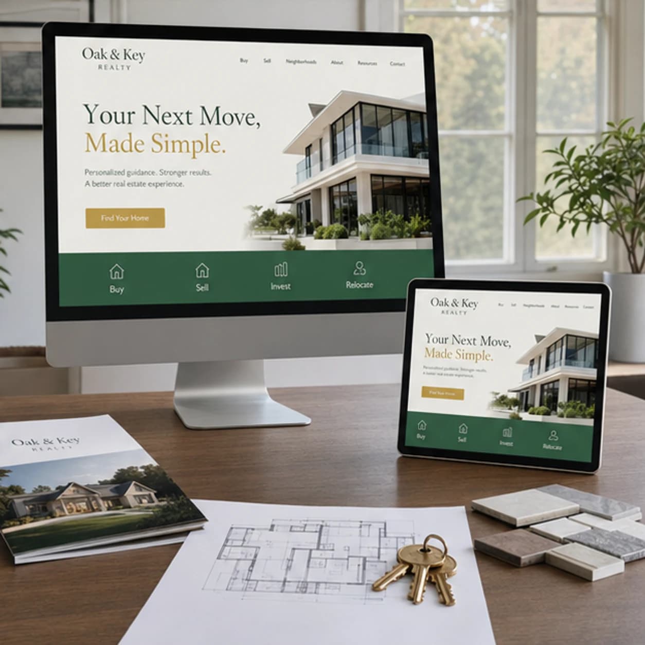 Oak and Key Realty website displayed on a desktop monitor and tablet