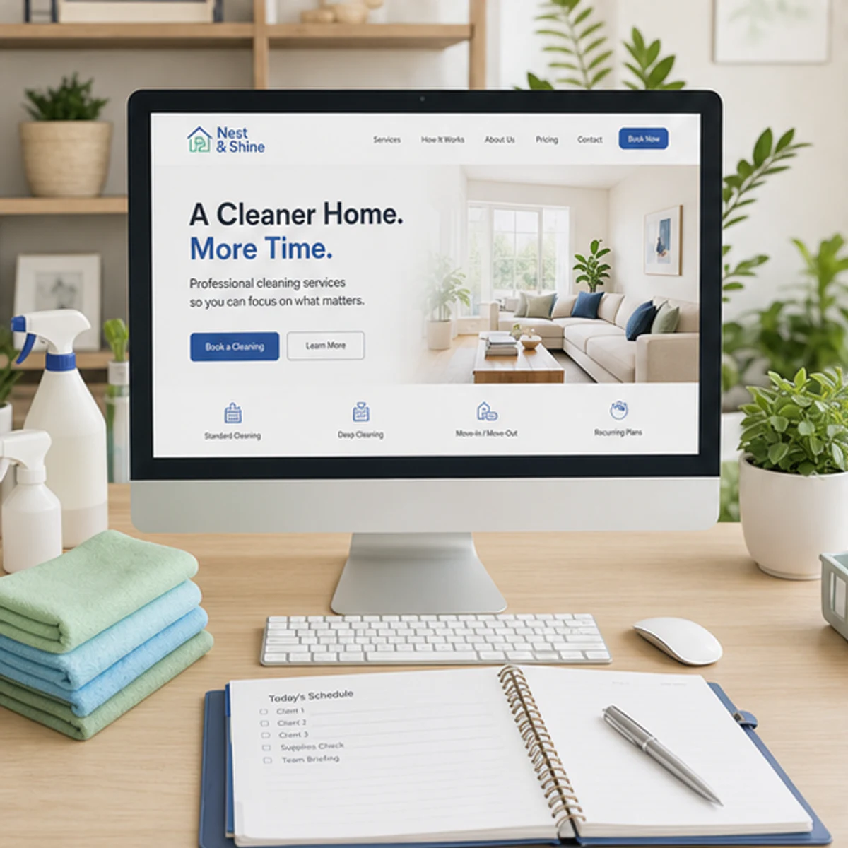 Nest and Shine website displayed on a desktop monitor