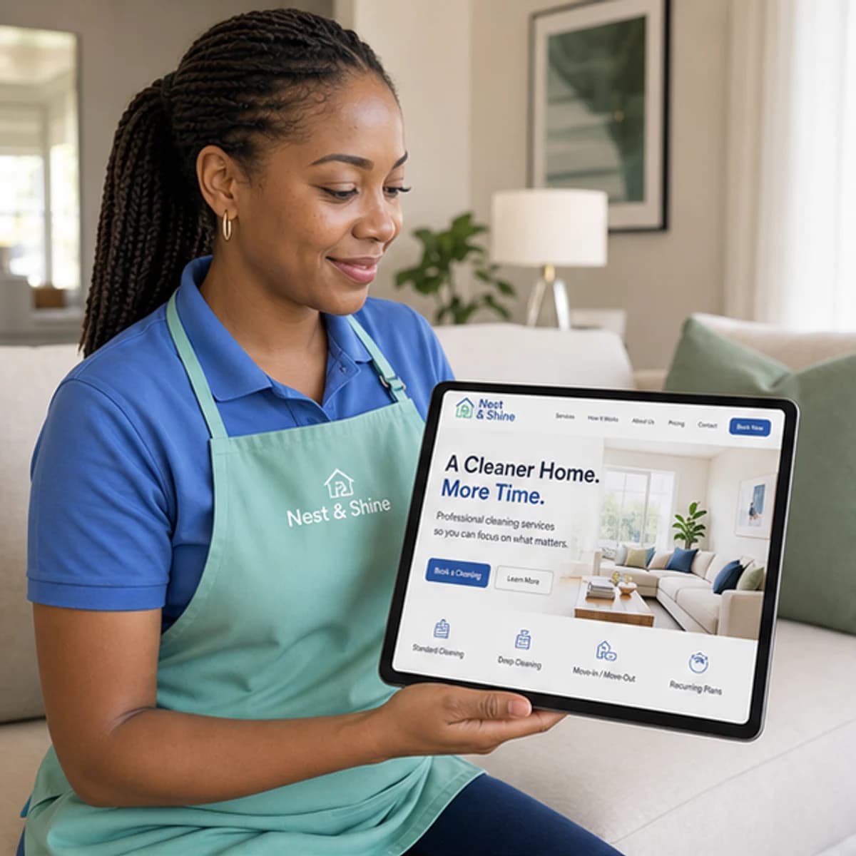 House cleaning business owner reviewing the Nest and Shine website