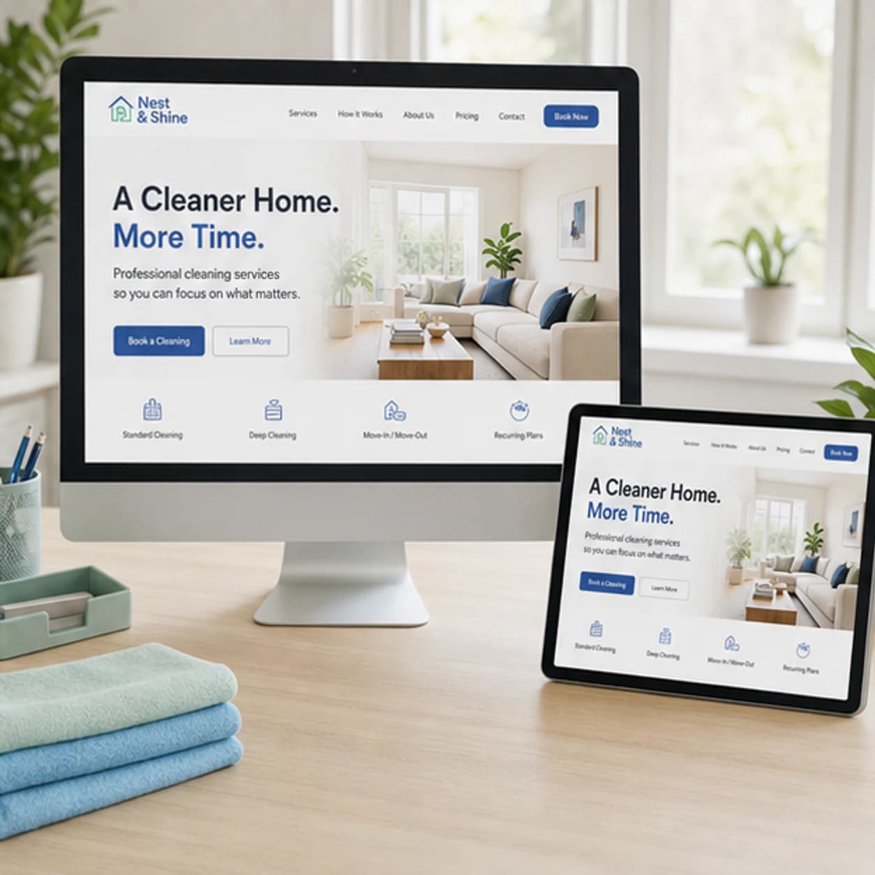 Nest and Shine website displayed on a desktop monitor and tablet