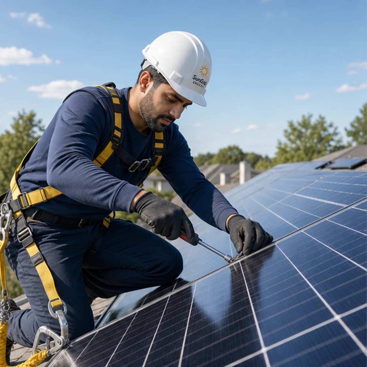 Solar installer securely fitting rooftop solar panels