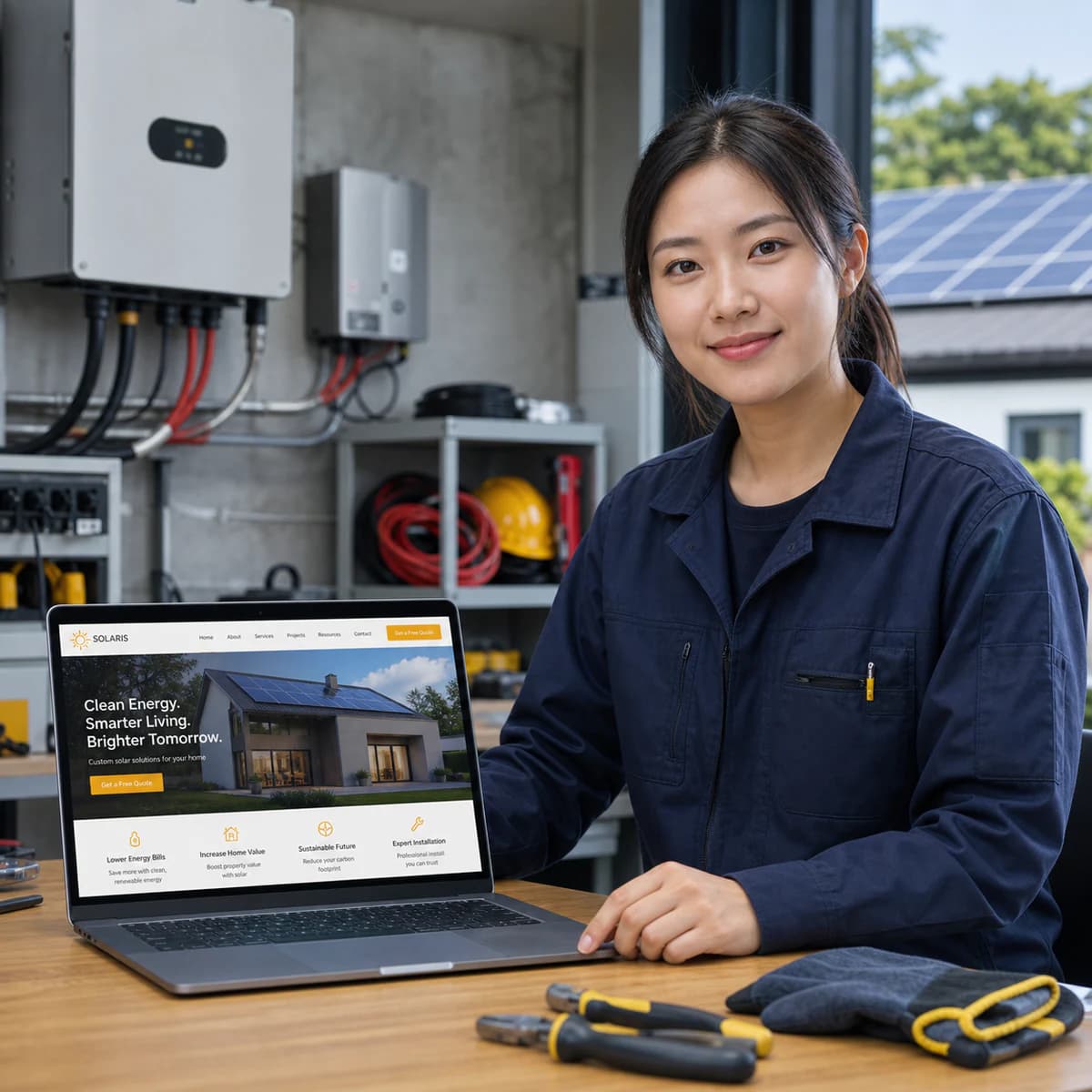 Solar technician presenting an installation website beside solar equipment