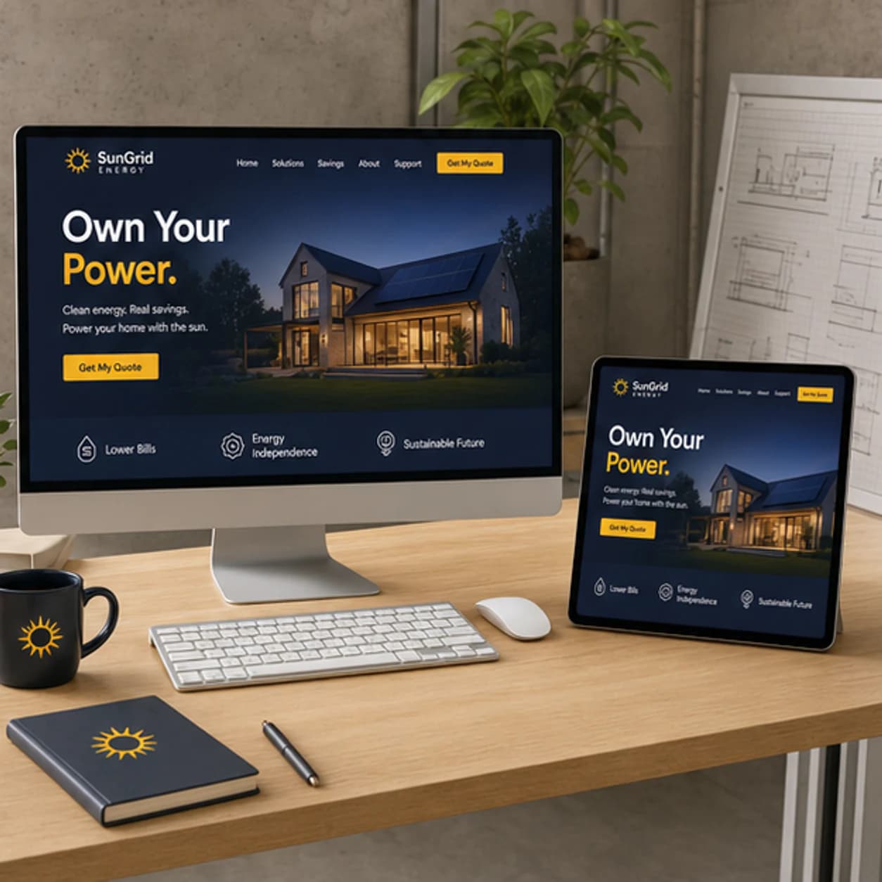 SunGrid Energy website displayed on a desktop monitor and tablet