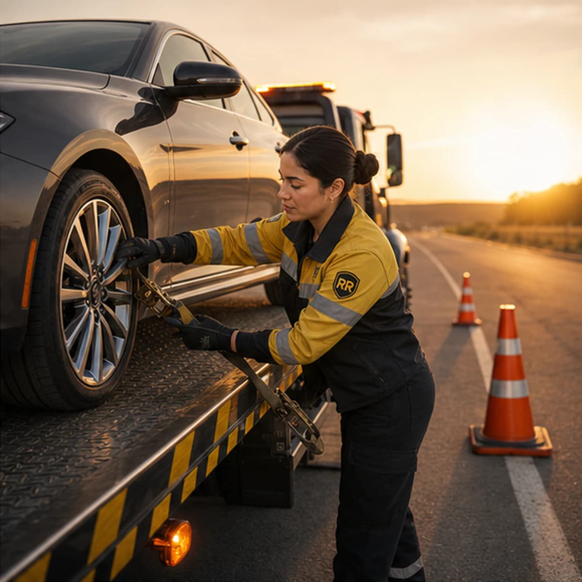 Tow truck operator safely securing a vehicle on a flatbed