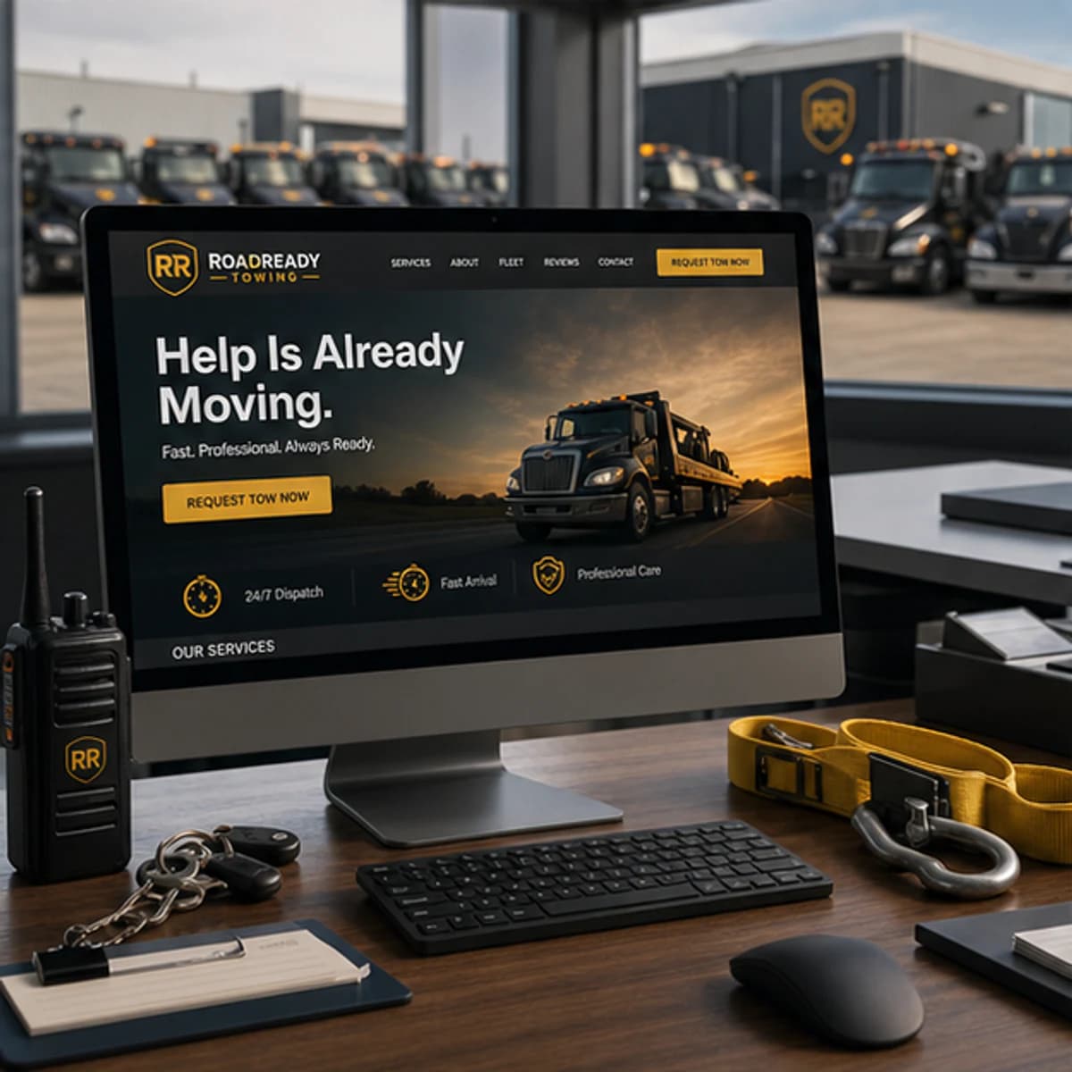 RoadReady Towing website displayed on a dispatch office monitor