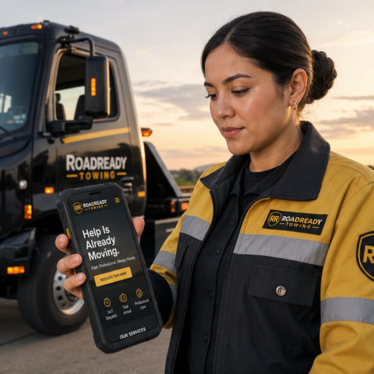 Tow truck operator reviewing the RoadReady website beside a flatbed truck