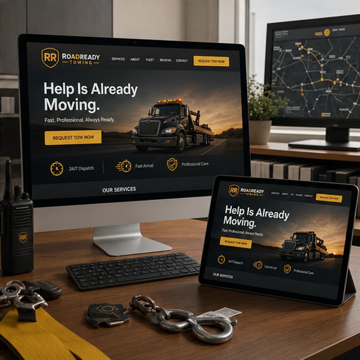 RoadReady Towing website displayed on a desktop monitor and tablet