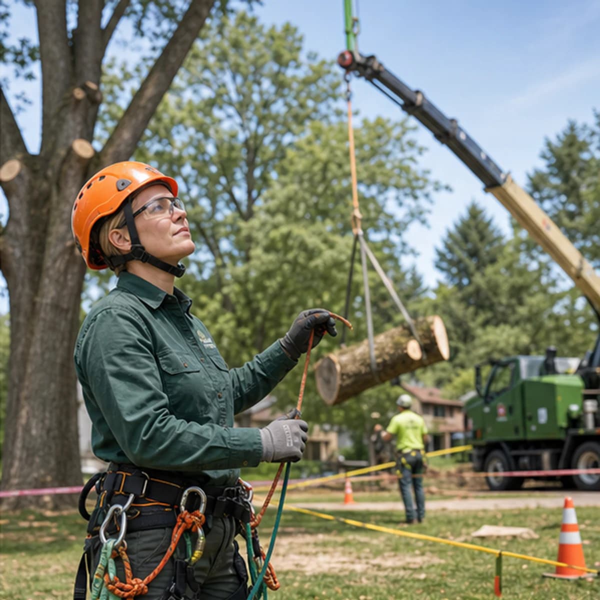 Arborist directing a controlled tree removal from a secured work zone