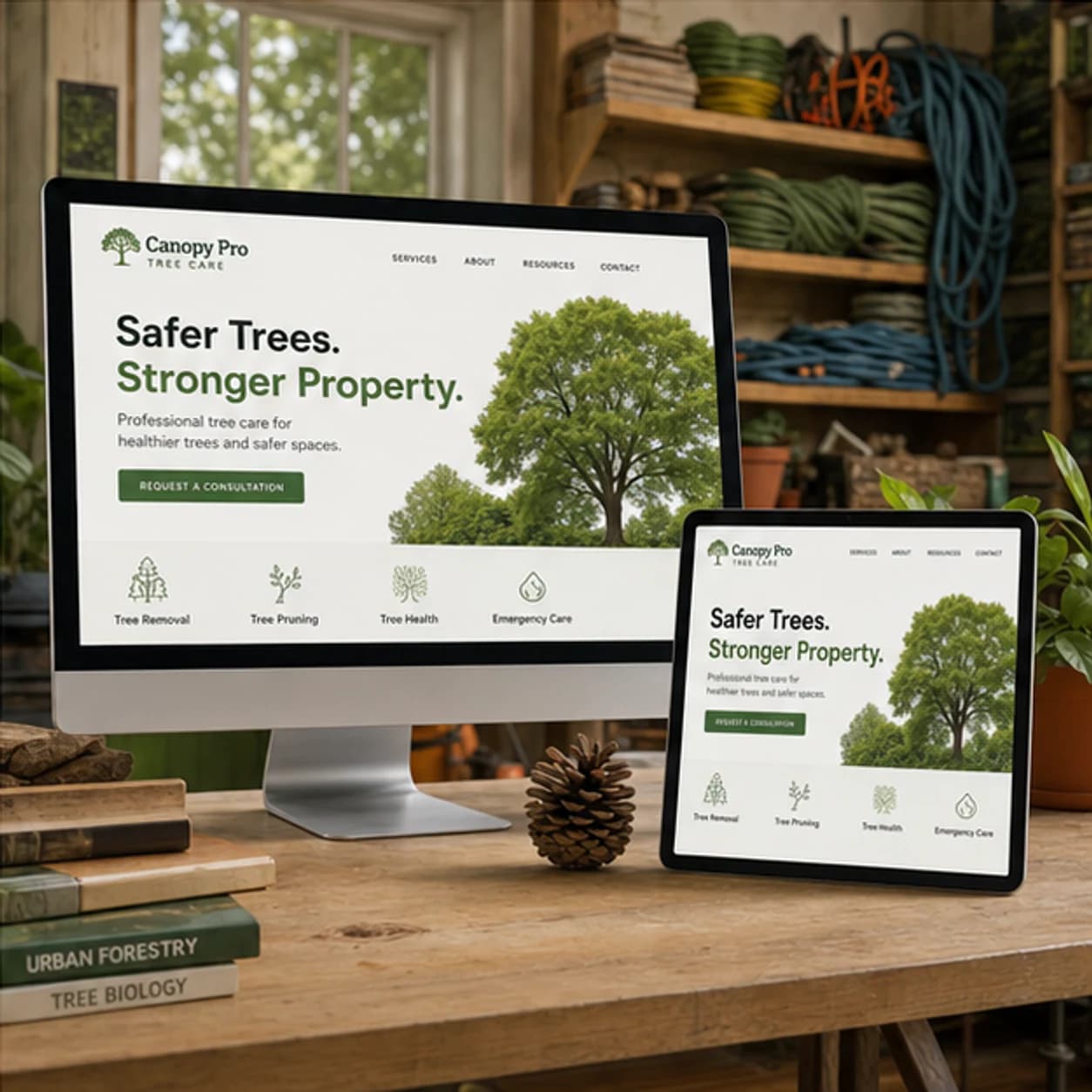Canopy Pro Tree Care website displayed on a desktop monitor and tablet