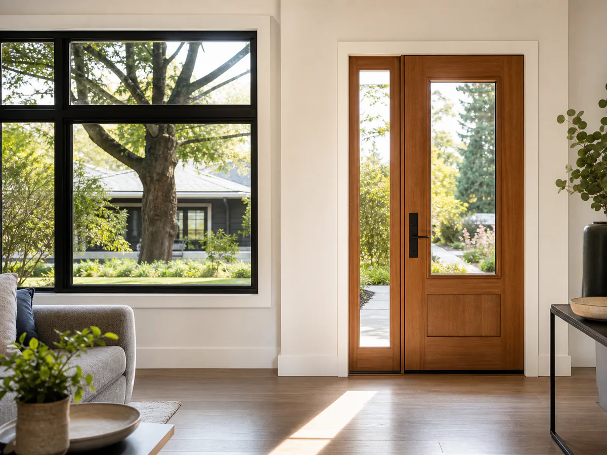 Completed black-framed window and warm wood entry door installation