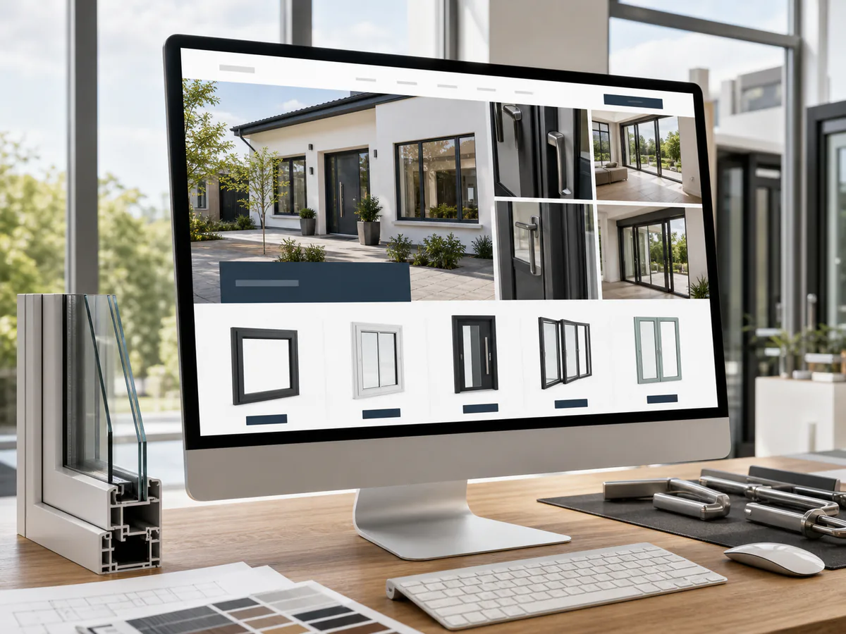 Window and door company website displayed on a desktop monitor