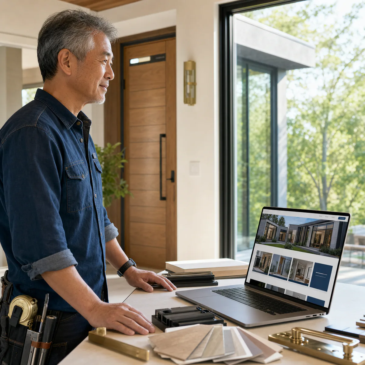 Window and door installer reviewing his company website beside a completed installation