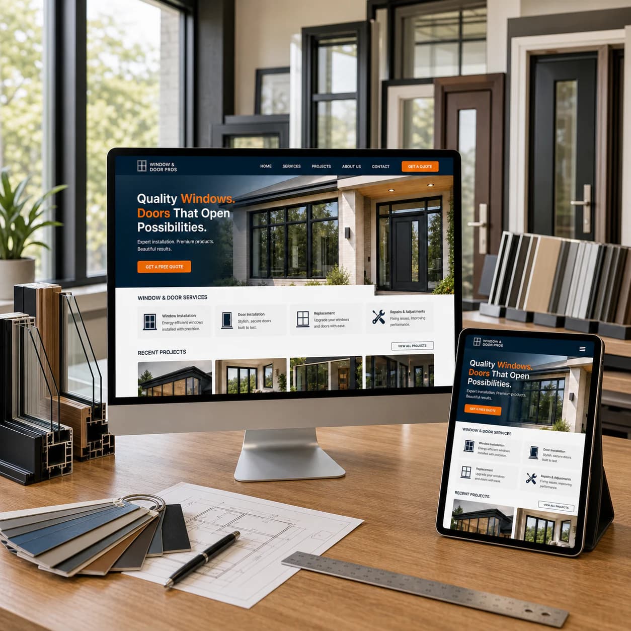 Window and door website displayed on a desktop monitor and tablet