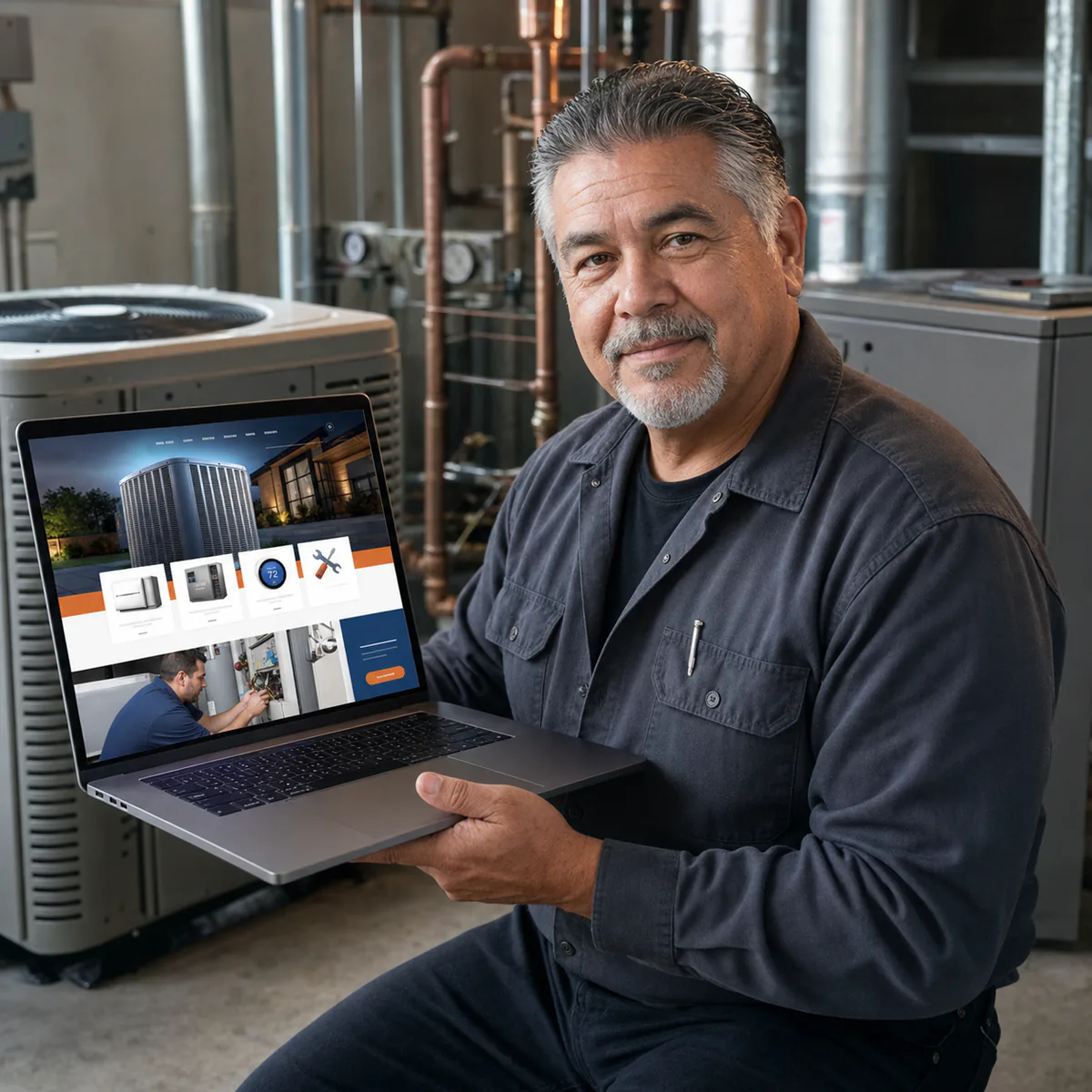 Experienced HVAC technician reviewing a heating and cooling company website on a laptop