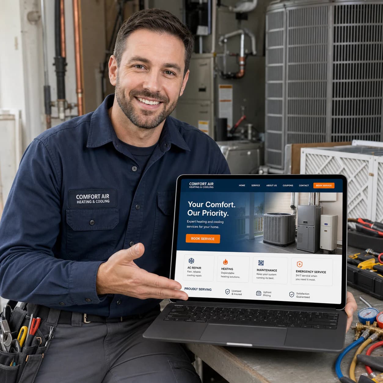 HVAC technician presenting his heating and cooling company website on a laptop