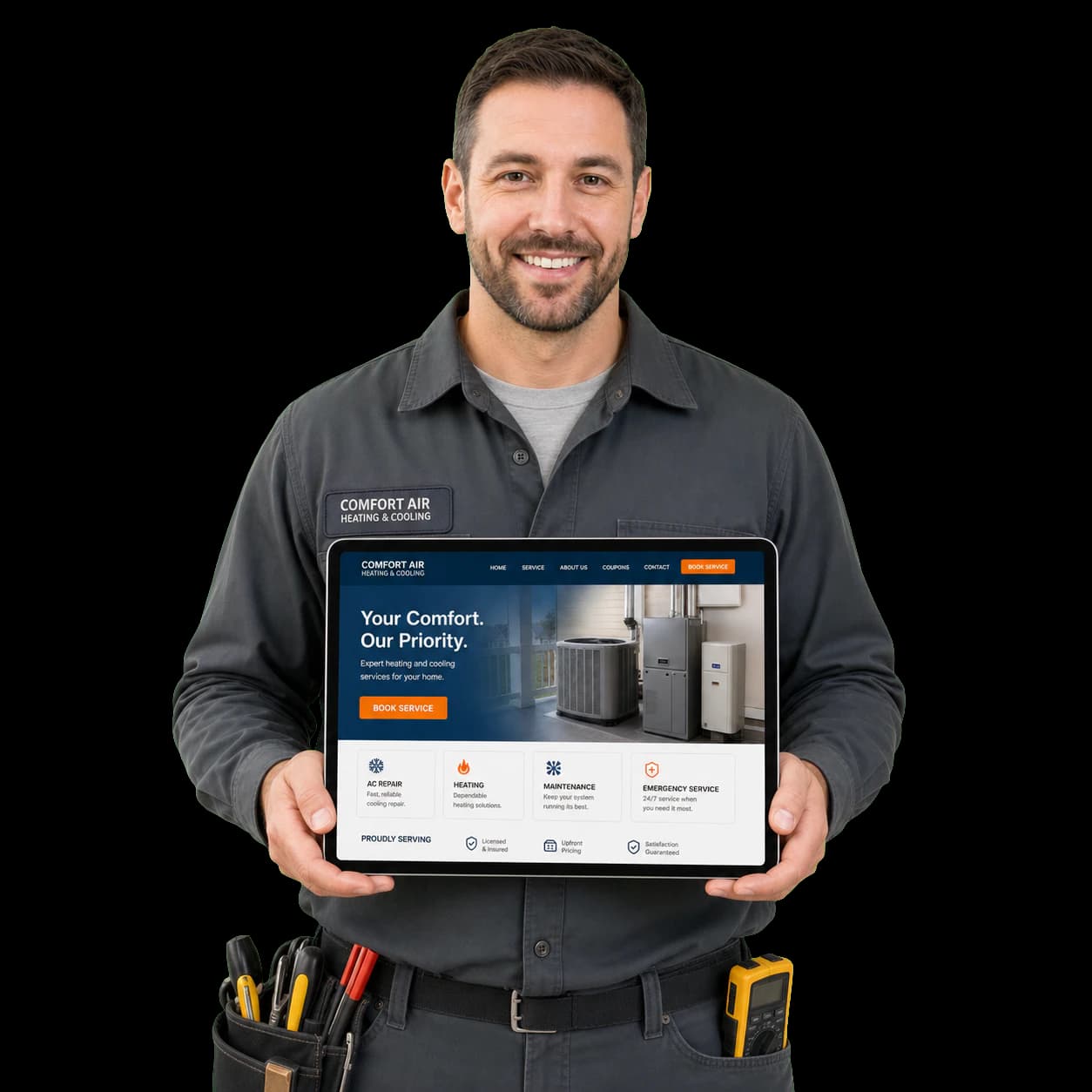 HVAC technician holding a tablet that displays a new heating and cooling company website