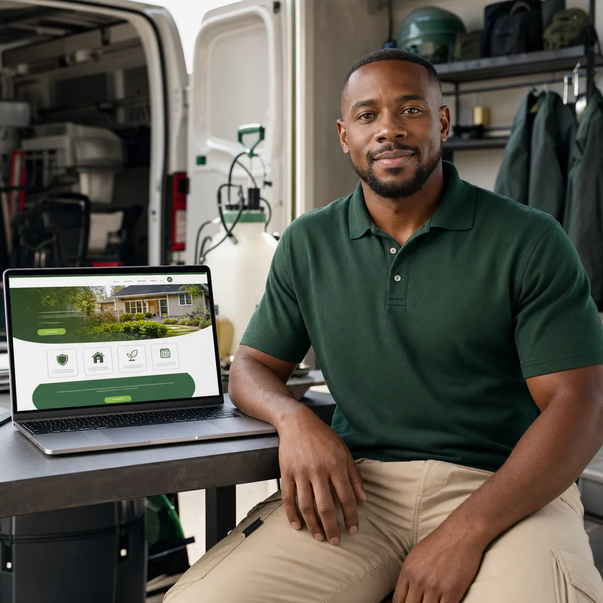 Pest control business owner reviewing his company website on a laptop beside a service van