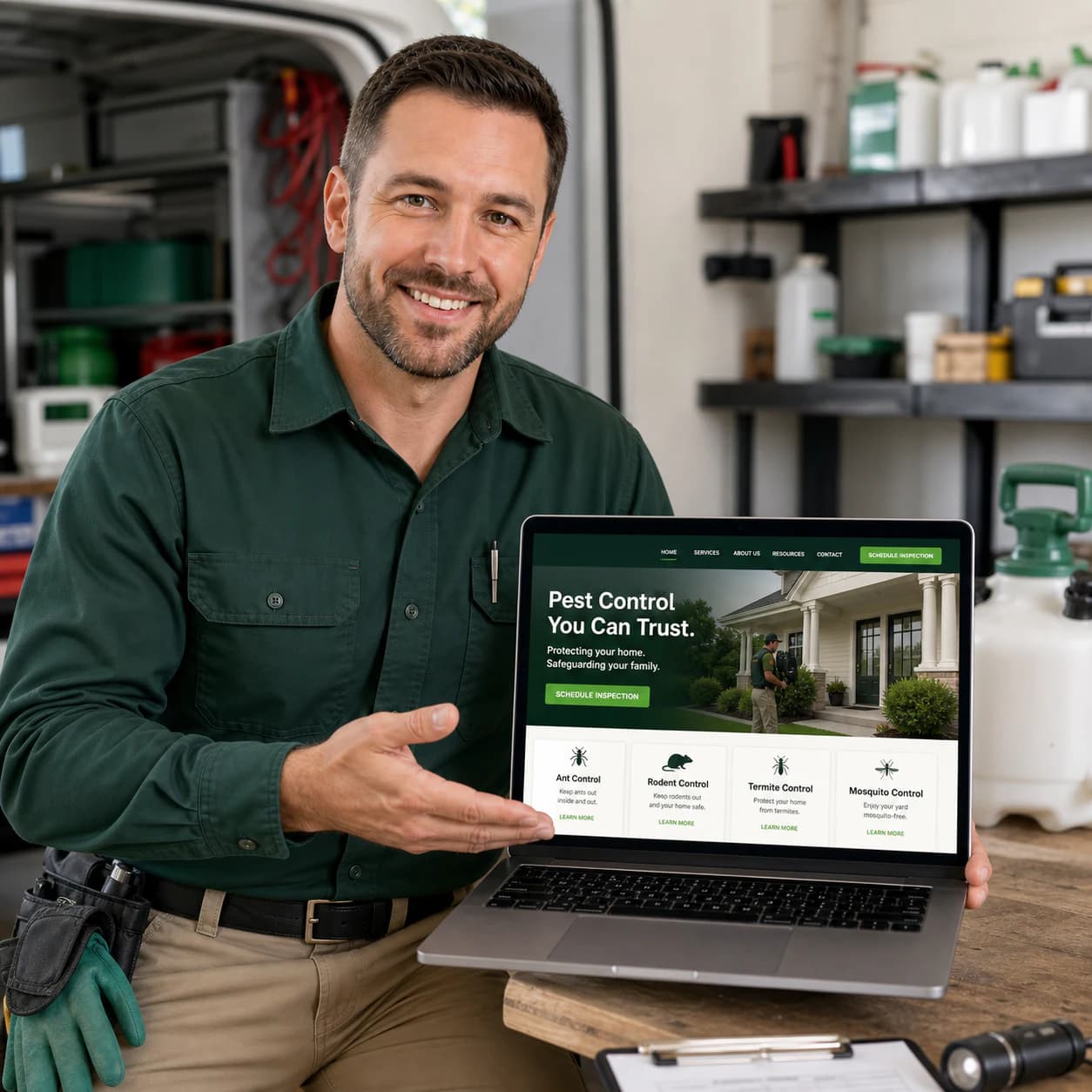 Pest control technician presenting his company website on a laptop