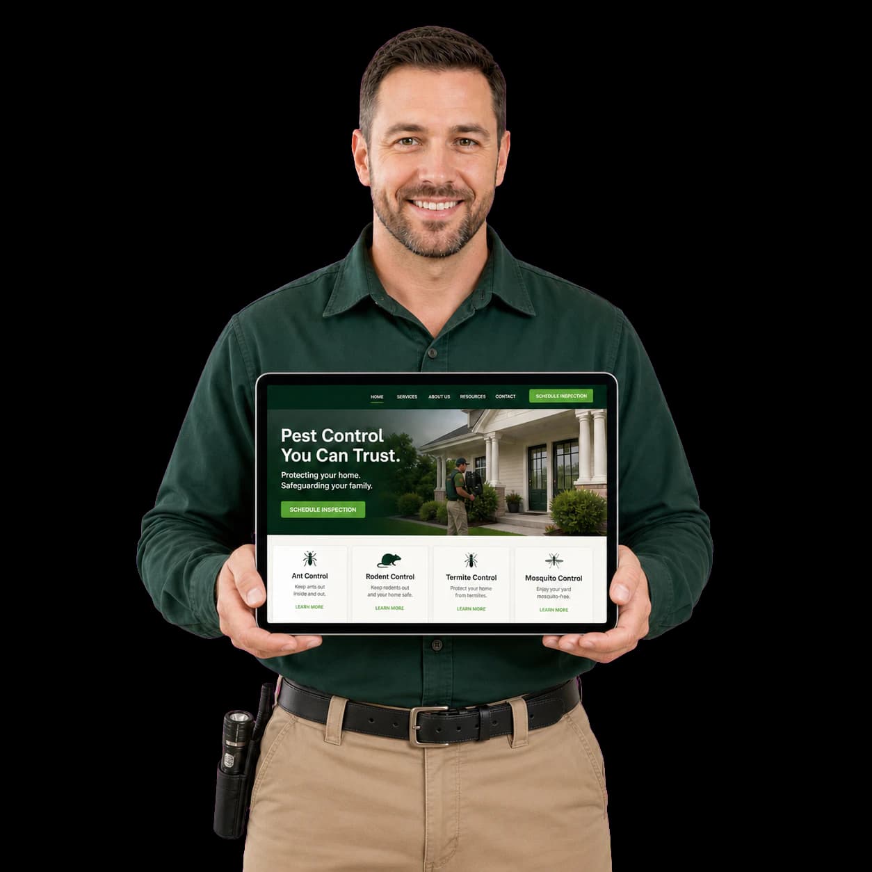 Pest control technician holding a tablet that displays a new company website