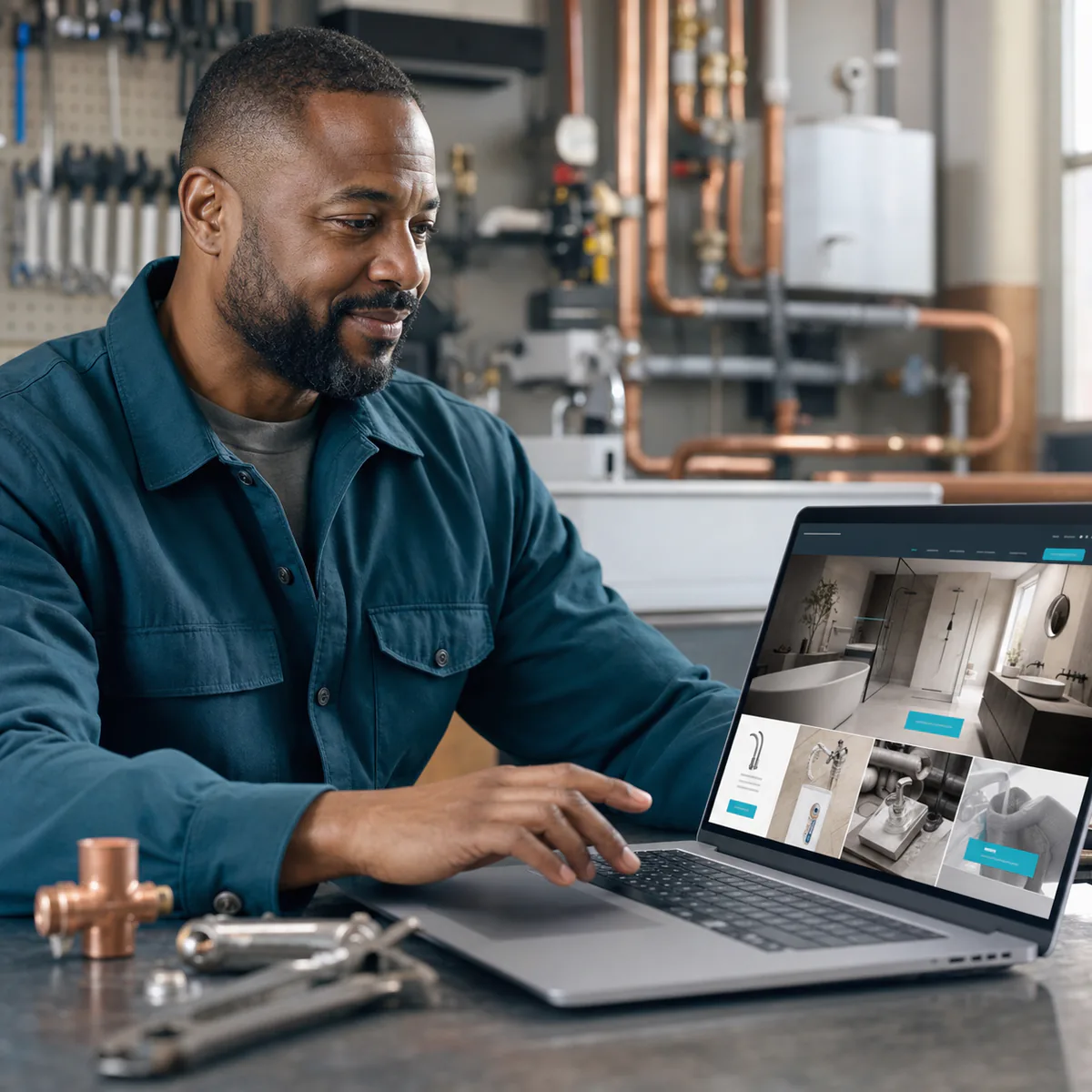 Male plumbing contractor reviewing his plumbing company website on a laptop in the workshop