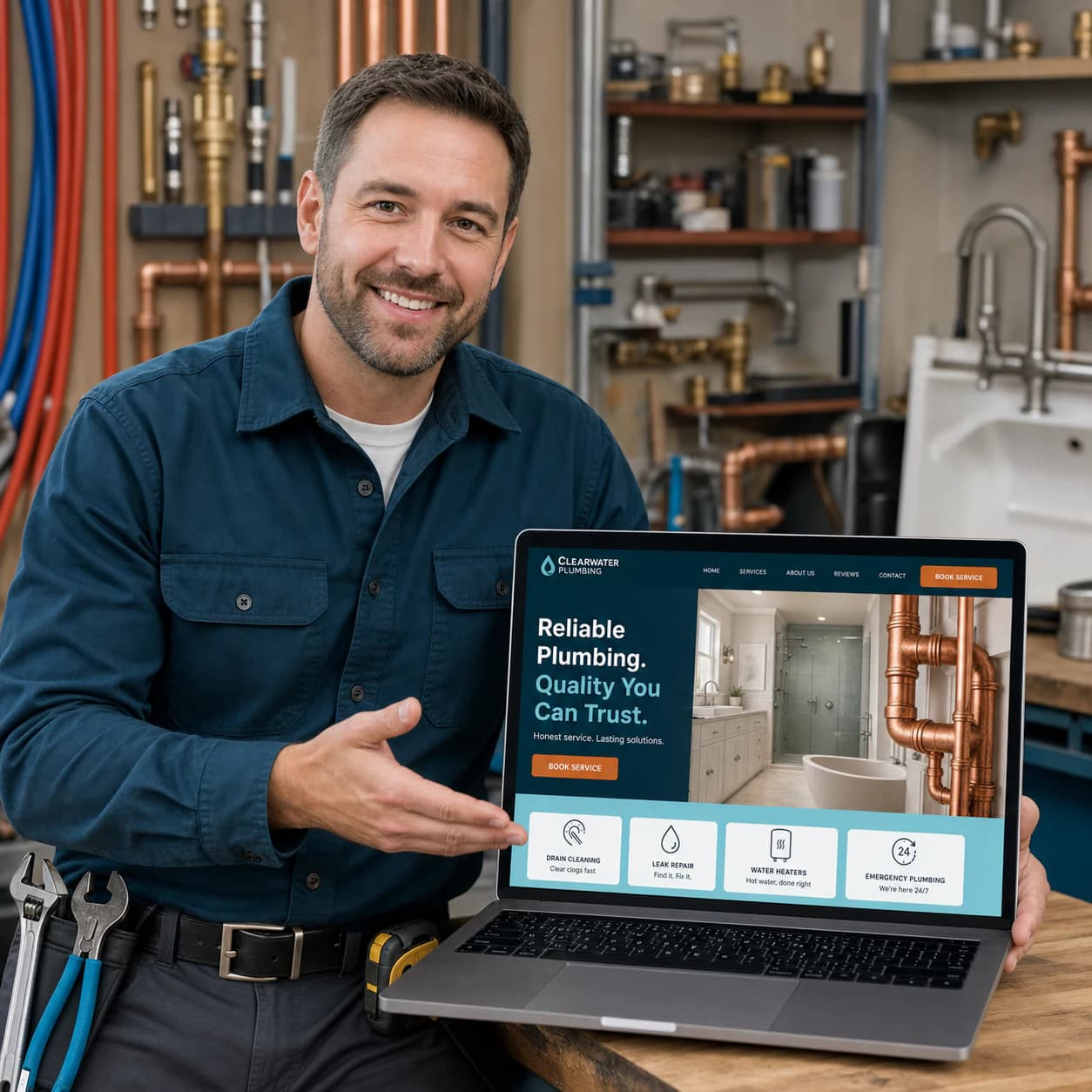 Plumber presenting his plumbing company website on a laptop