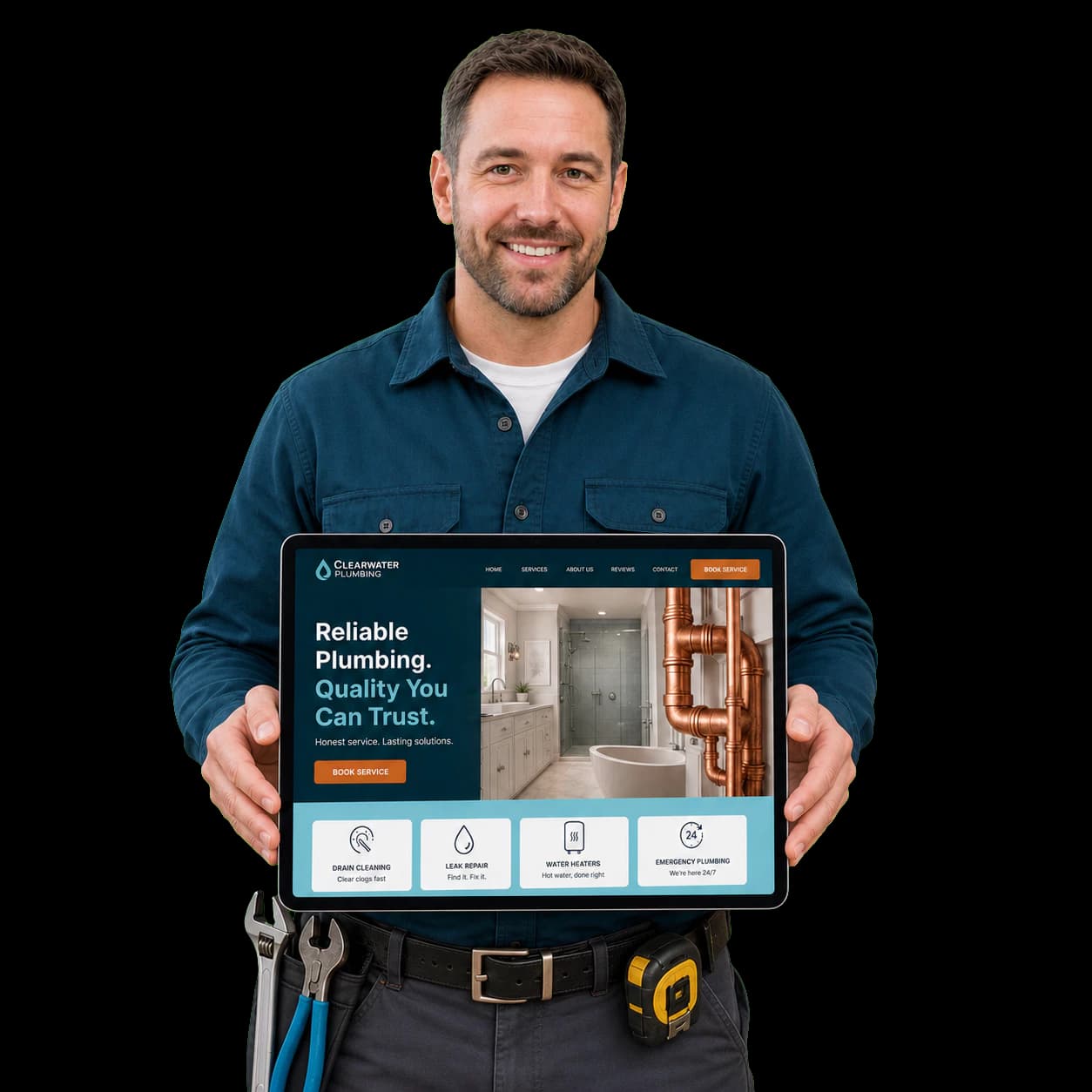 Plumber holding a tablet that displays a new plumbing company website
