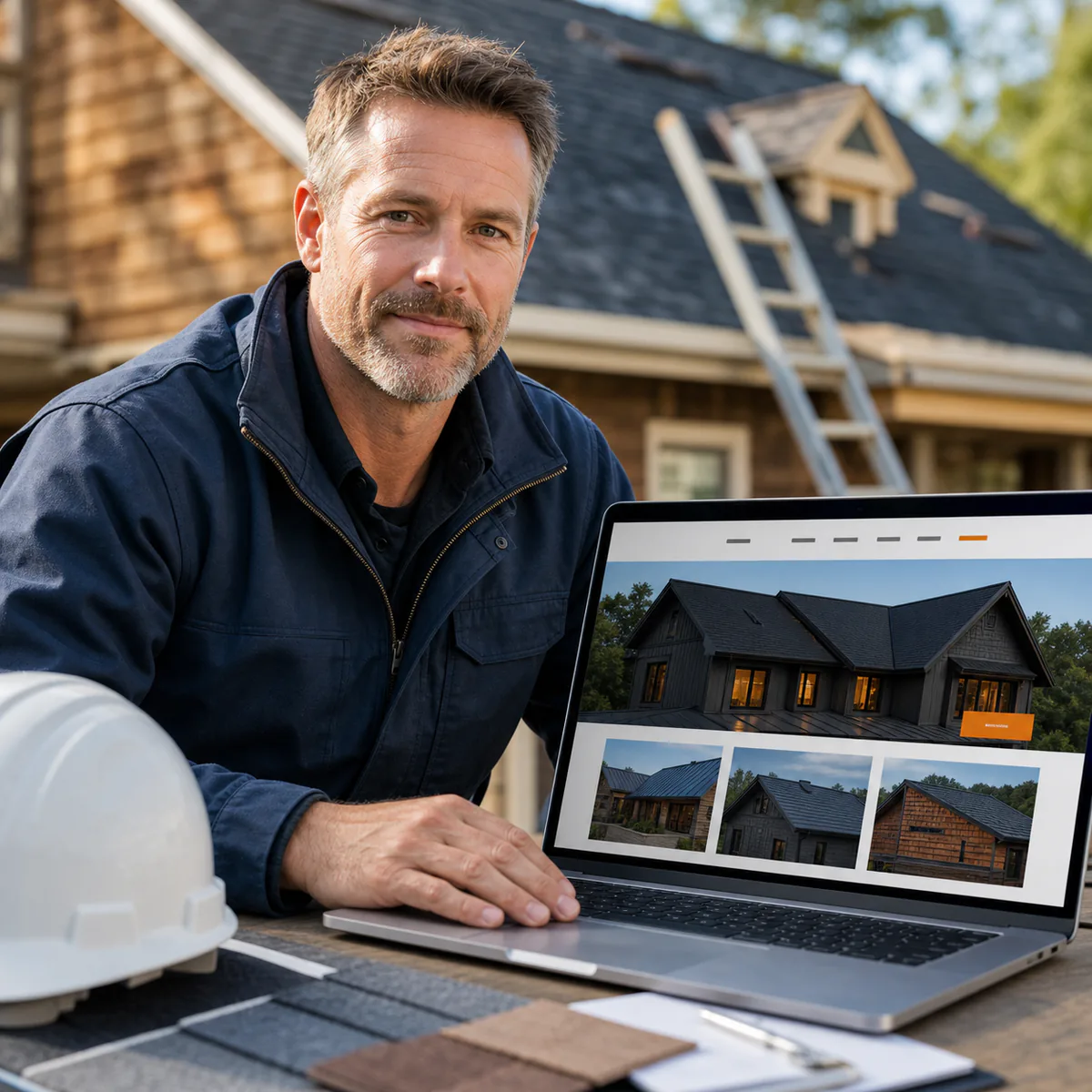 Experienced white American roofing contractor reviewing his company website at a residential job site