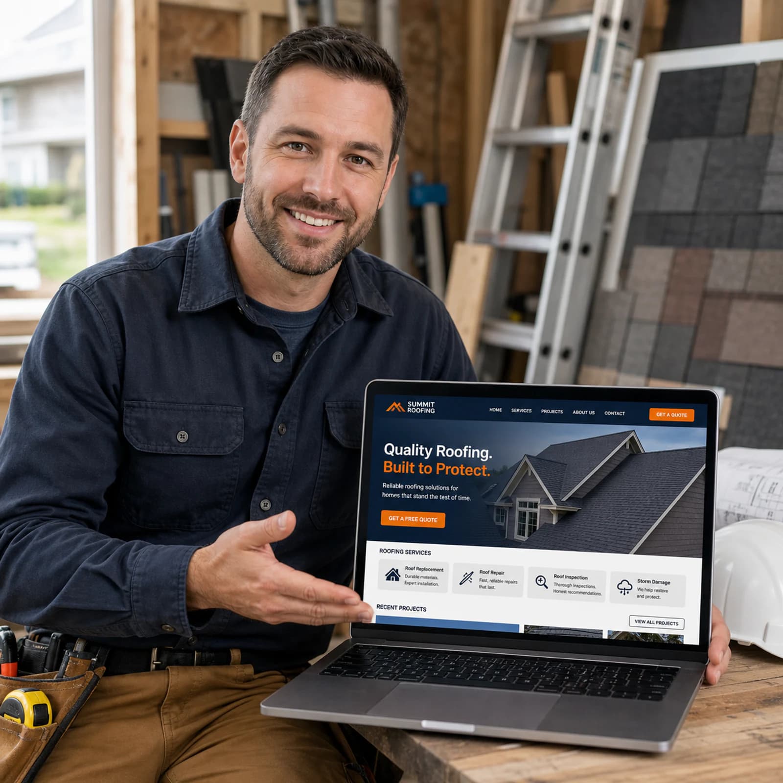 Roofing contractor presenting his roofing company website on a laptop
