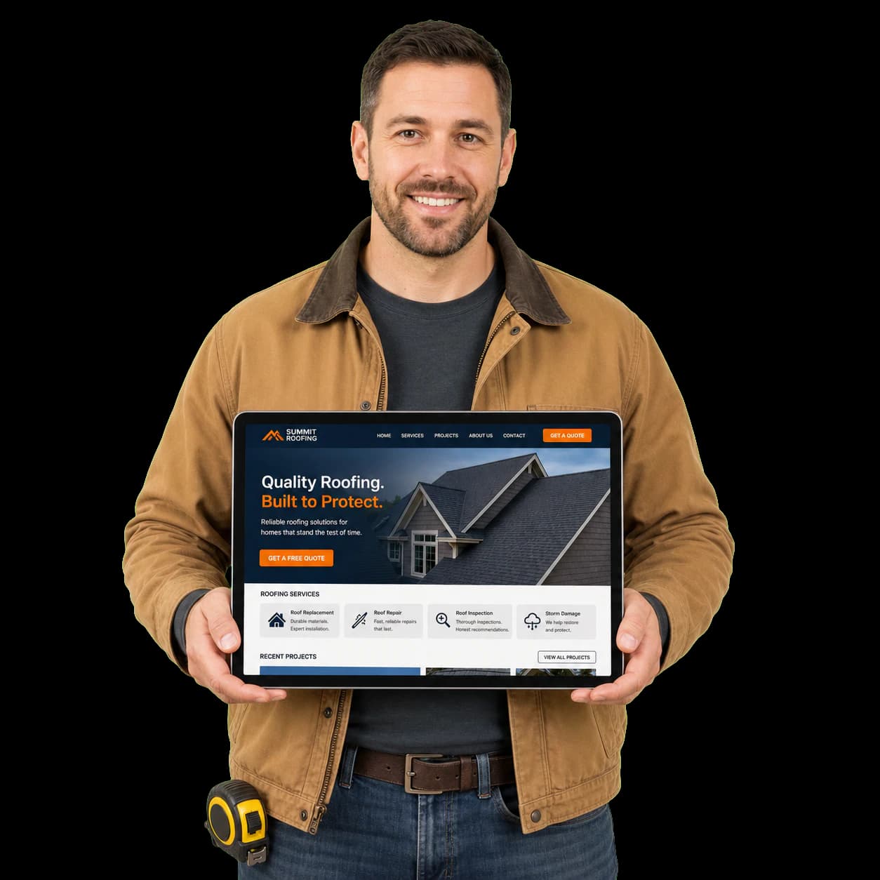 Roofing contractor holding a tablet that displays a new roofing company website