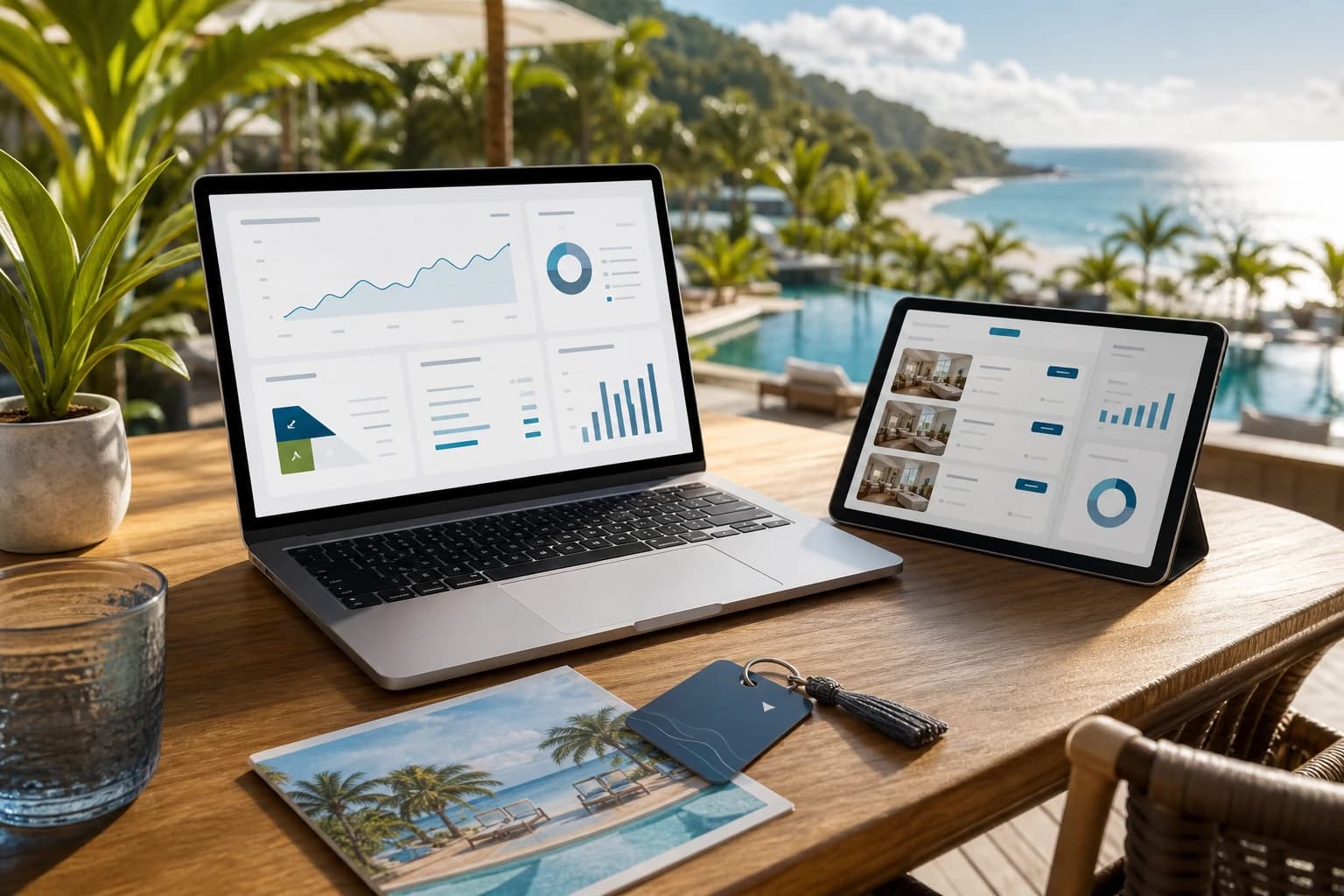 Hotel booking analytics dashboard on a resort terrace overlooking the ocean