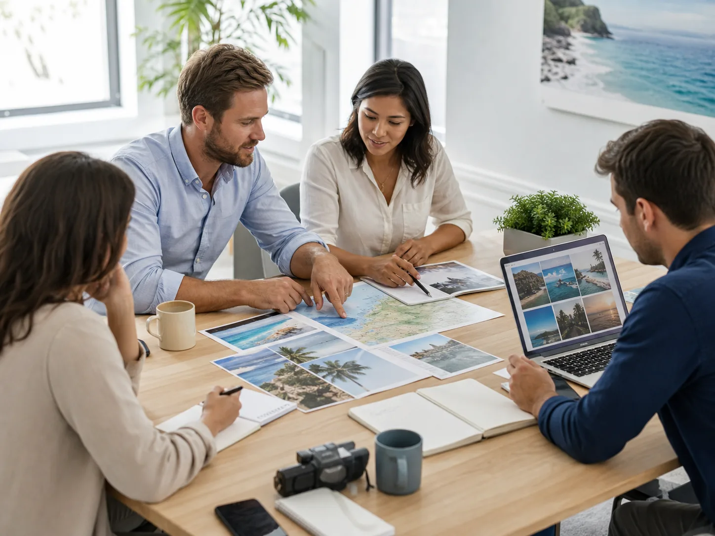 Travel marketing team reviewing destination campaign materials together