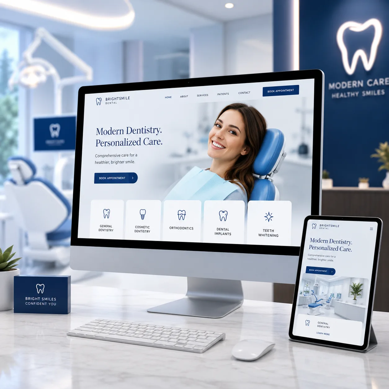 Responsive dental website design shown across desktop and tablet