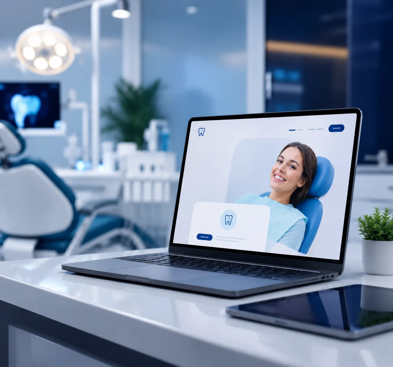 Dental practice website shown on a laptop in a modern treatment room