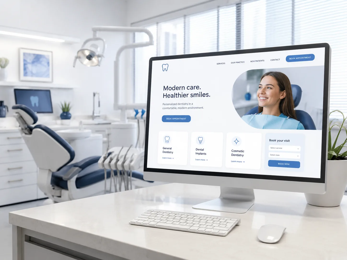 Dental website design displayed on a desktop monitor in a dental office