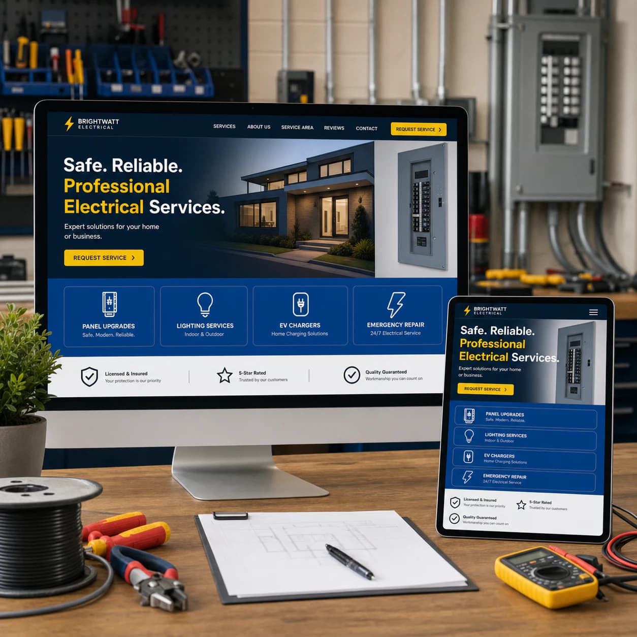 Responsive electrician website design shown across desktop and tablet
