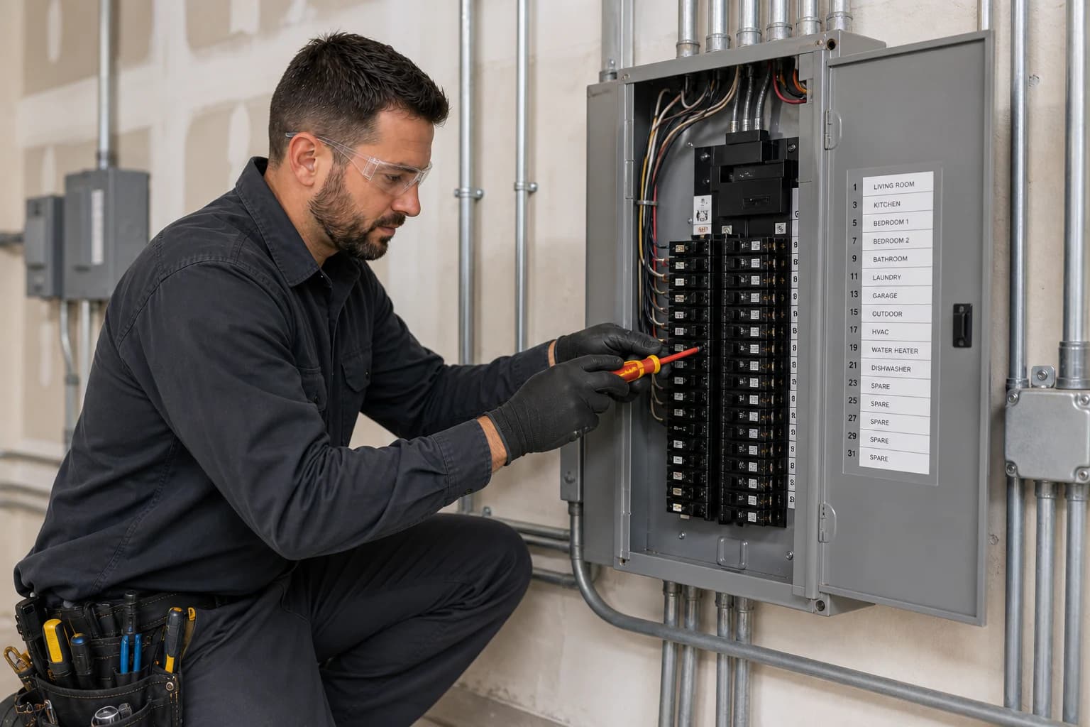 Electrician installing and labeling a modern residential electrical panel