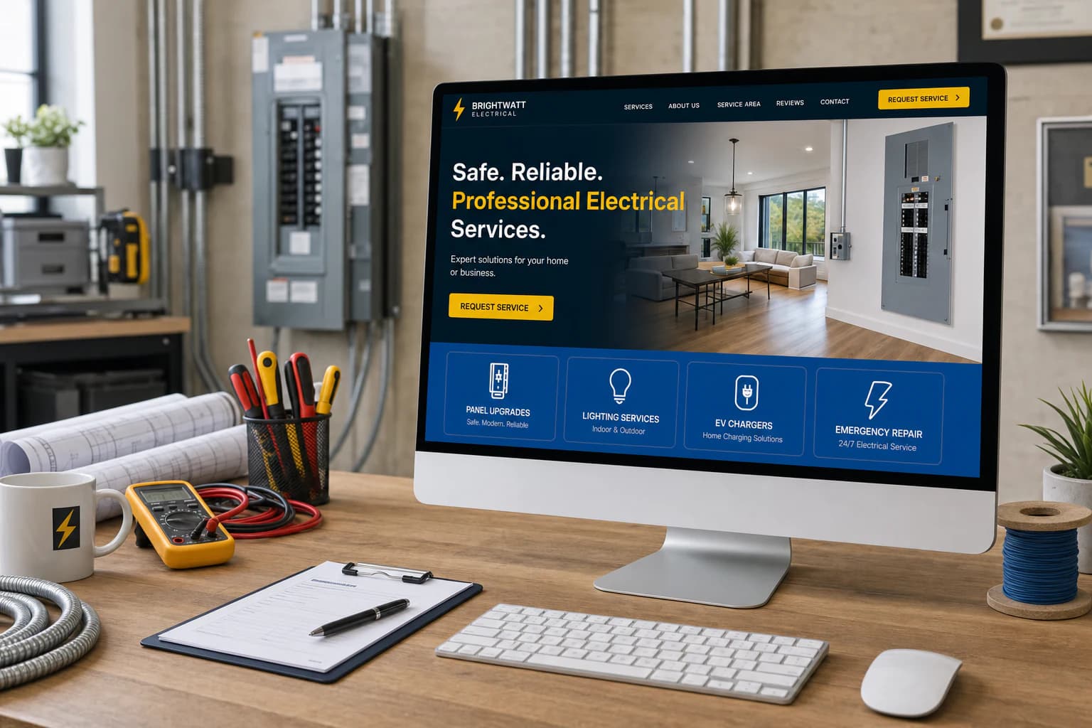 Electrical company website displayed on a desktop monitor