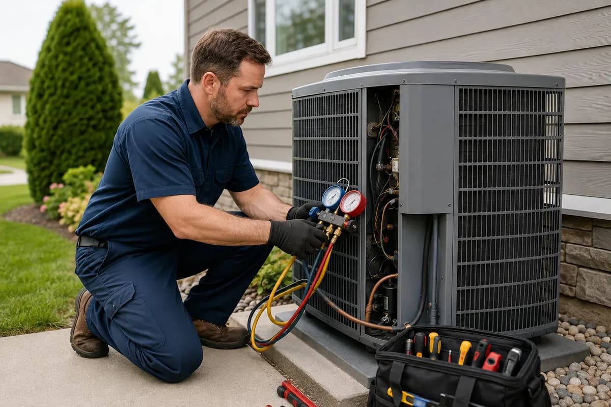 HVAC technician servicing an outdoor air conditioning unit