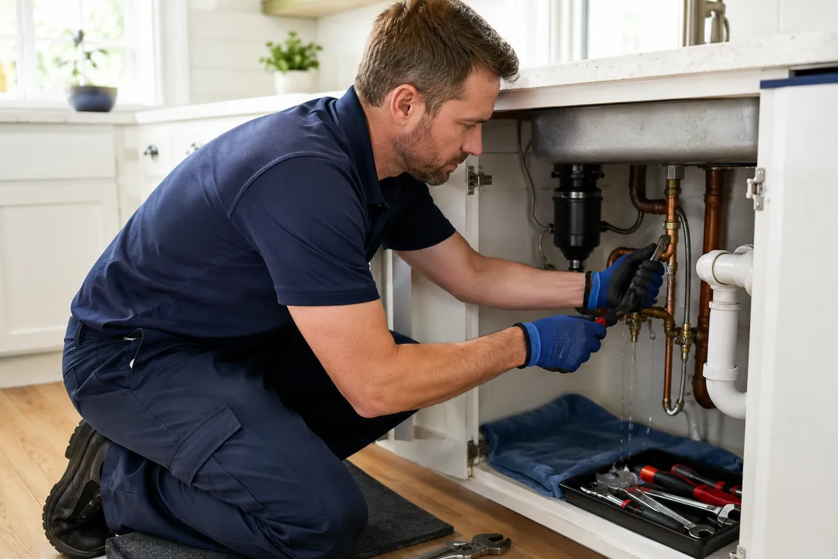 Plumber repairing a residential water line under a sink