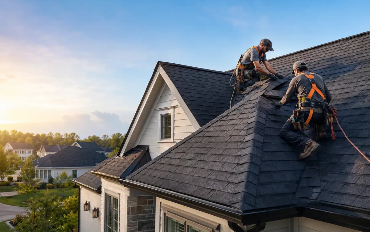 Roofing crew installing architectural shingles on a suburban home