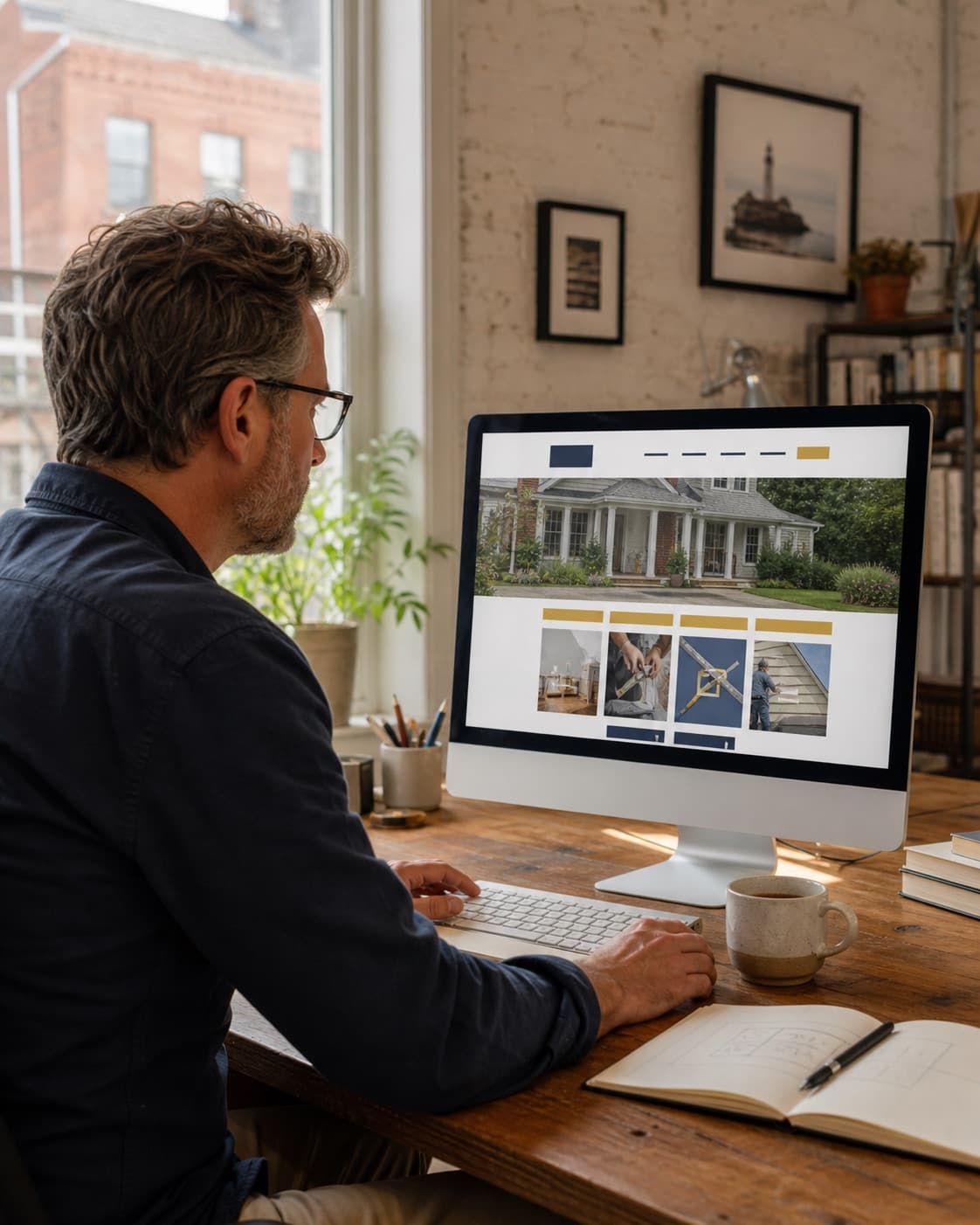 Web designer building a Delaware service business website in a sunlit studio