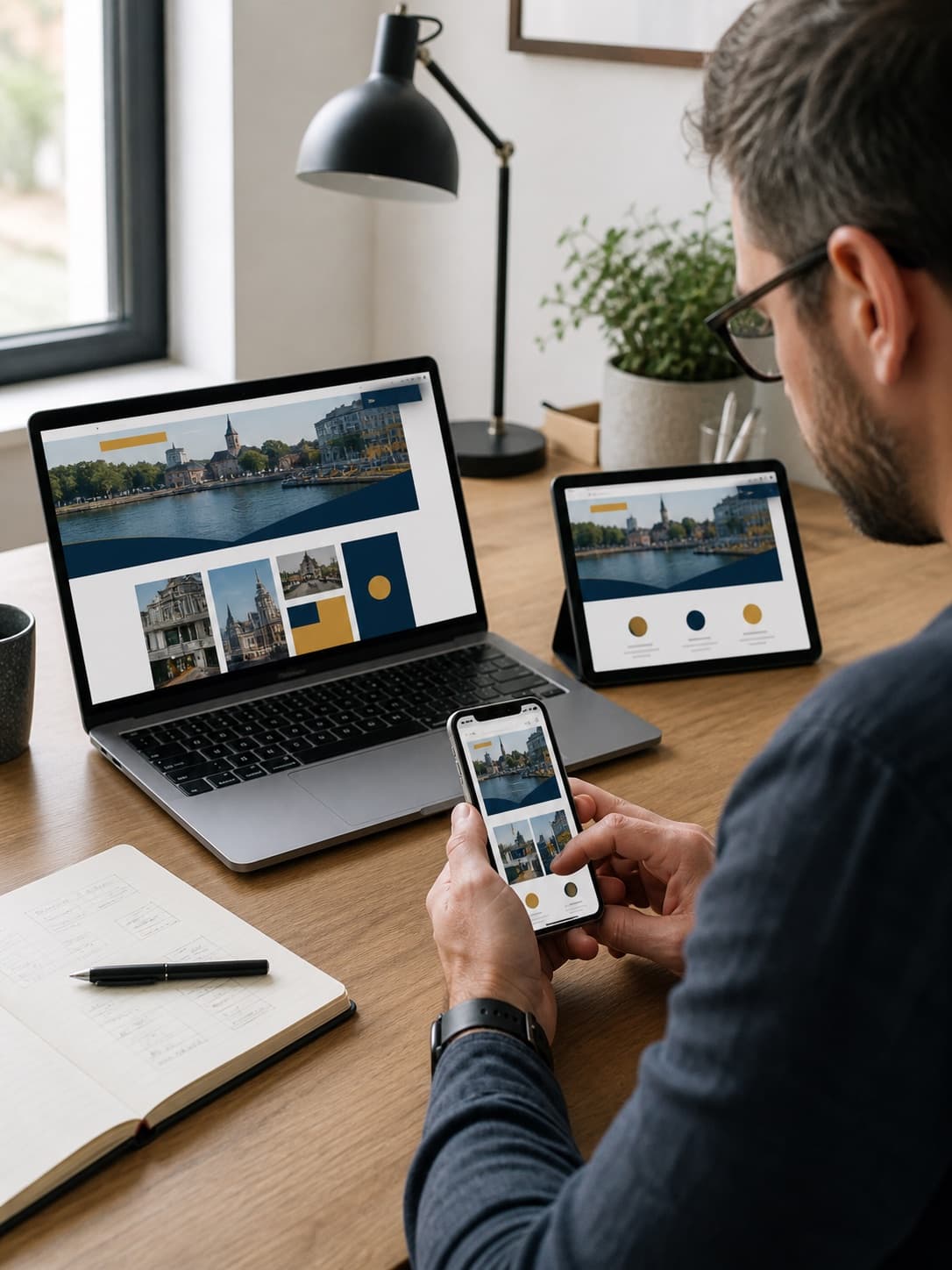 Designer testing a responsive website on laptop, tablet, and phone
