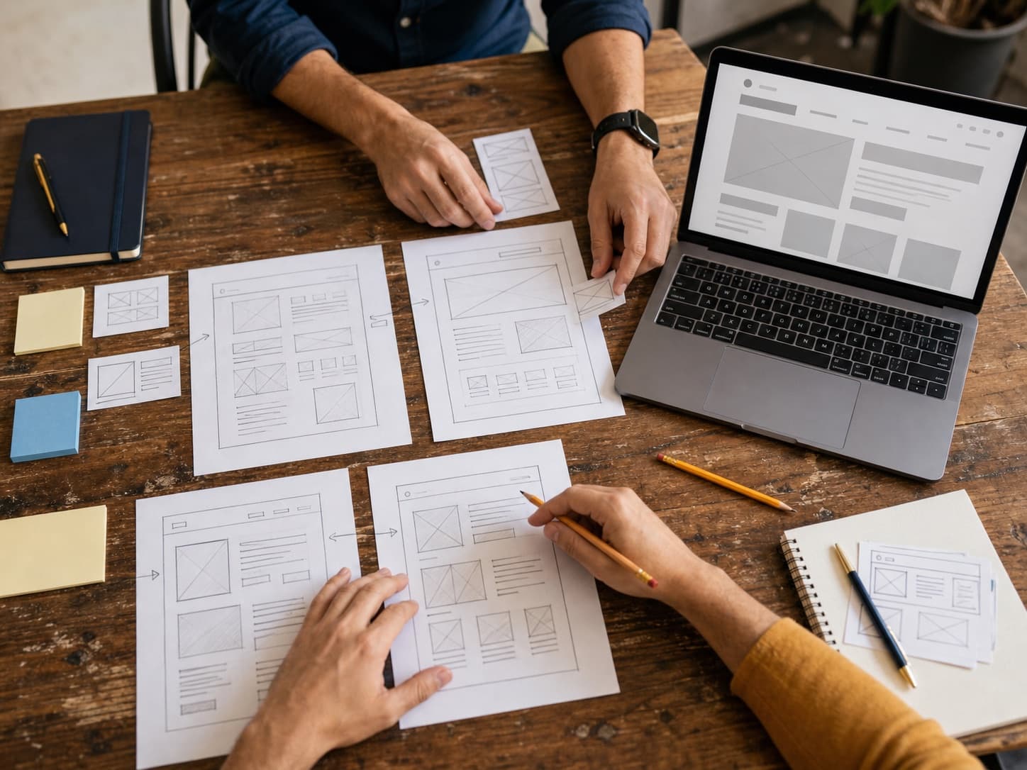 Website planning session with paper wireframes and a laptop