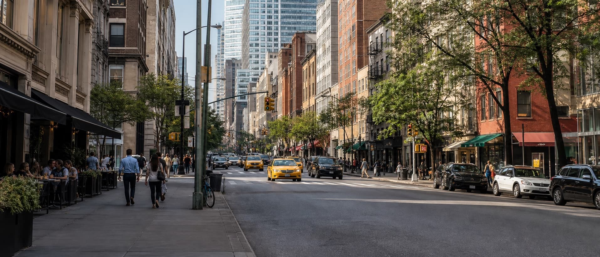 Street-level view of businesses and commuters in a New York business district