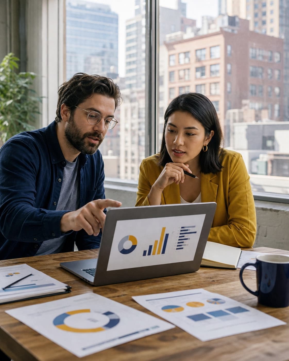 New York business owner and strategist reviewing a digital marketing plan