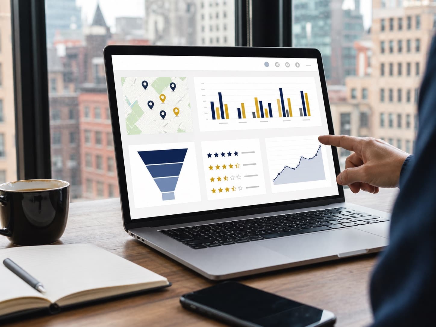Multichannel local marketing performance dashboard on a laptop